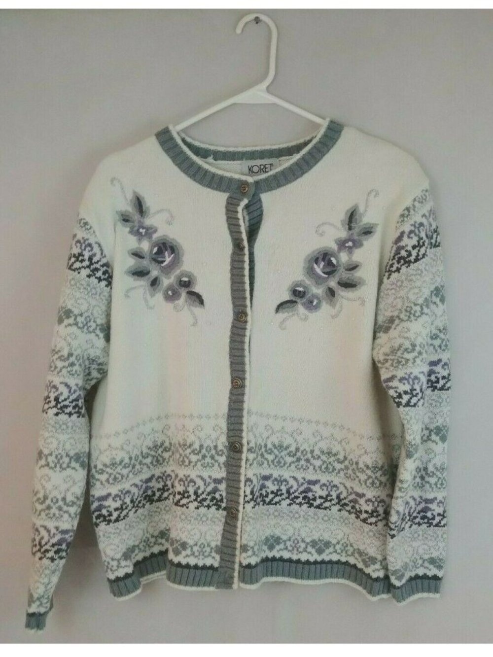 Vintage Koret Embroidered Beaded Cardigan Sweater Size Large